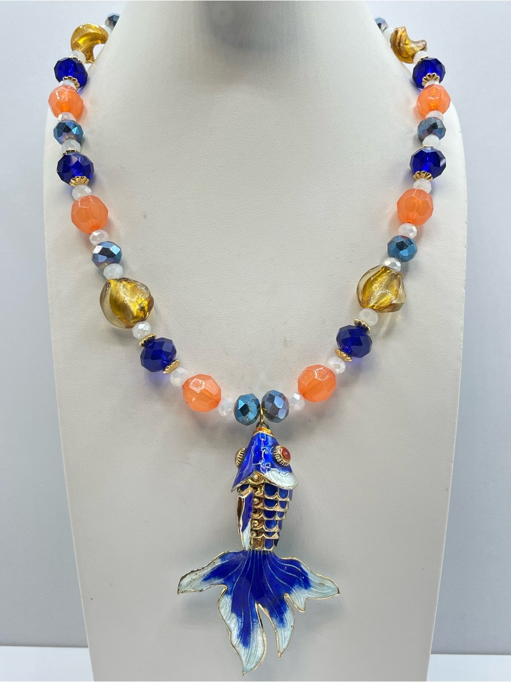 Articulated Cloisonné Blue Koi Fish Pendant Crystal Glass Beaded Necklace Boho